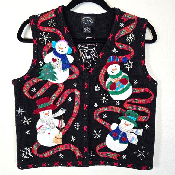 Vintage Designers Originals Studio Sweater Vest Womens S Festive Snowmen Winter - Picture 1 of 10
